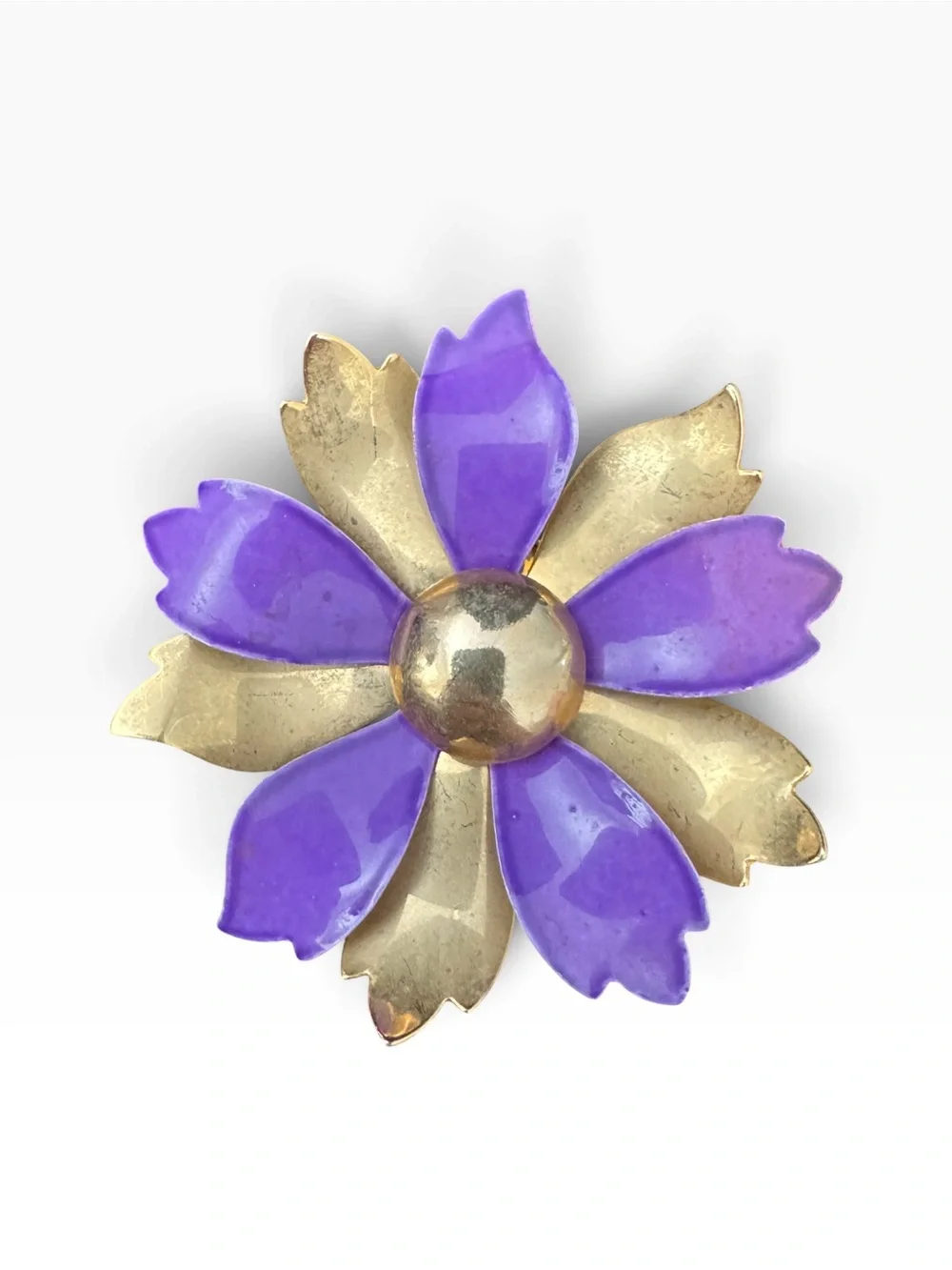 70s Vintage Flower Pin Purple Enamel Gold Tone Sculptural 3D Mod GoGo MCM 2”